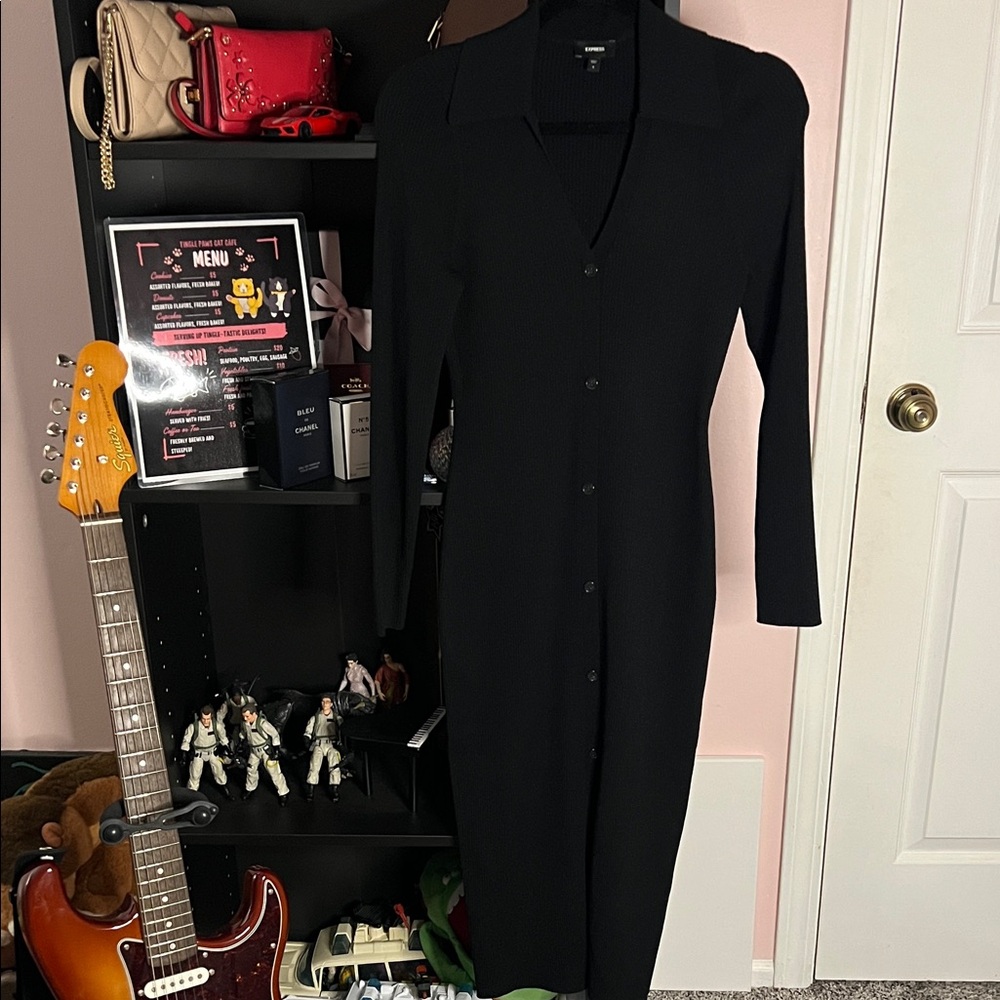 Express Bodycon Ribbed Collared Black Long Sleeve Dress Size S